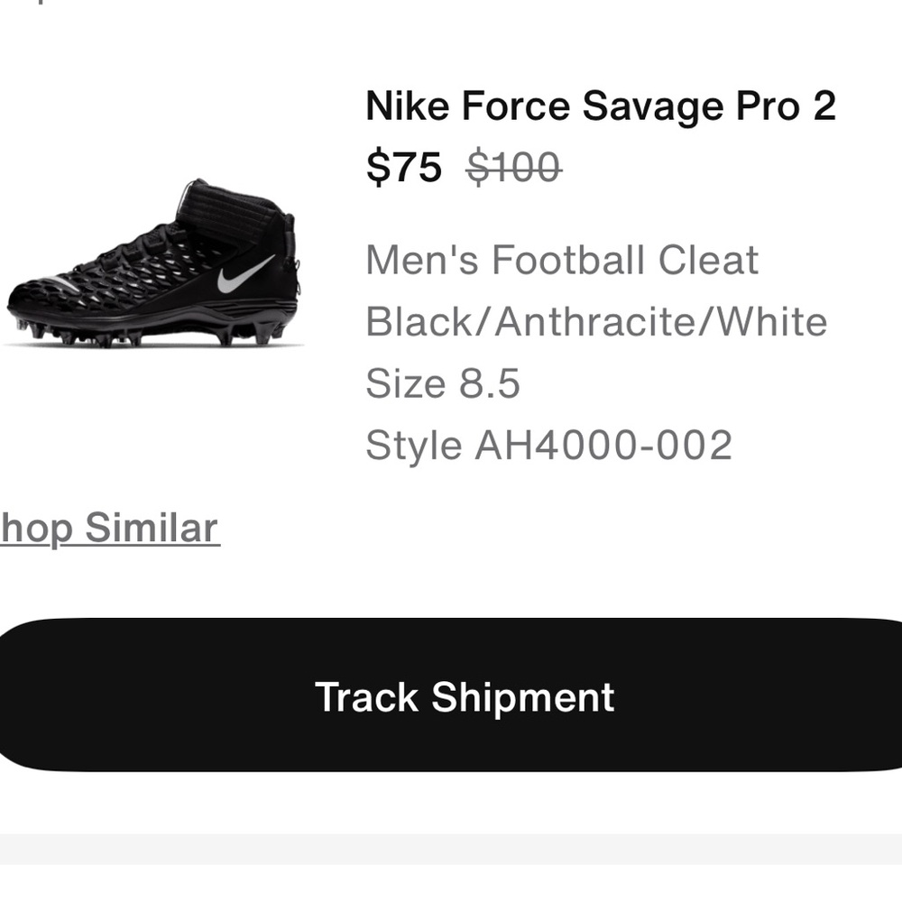 Nike Force Savage Pro 2 Black and White Football Cleats, sz 8.5